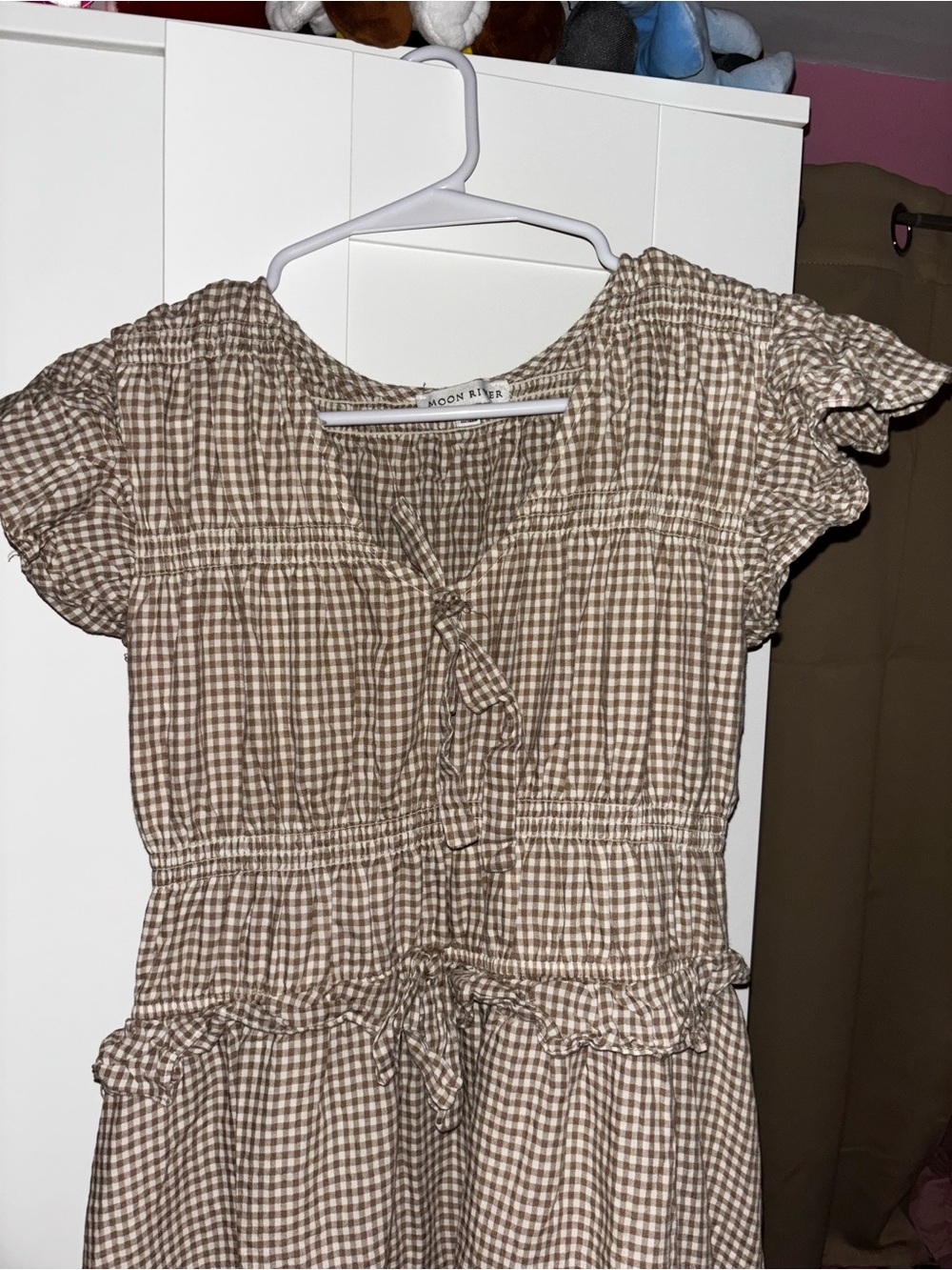 Smocked Gingham Midi Dress in Beige - Picture 4 of 5
